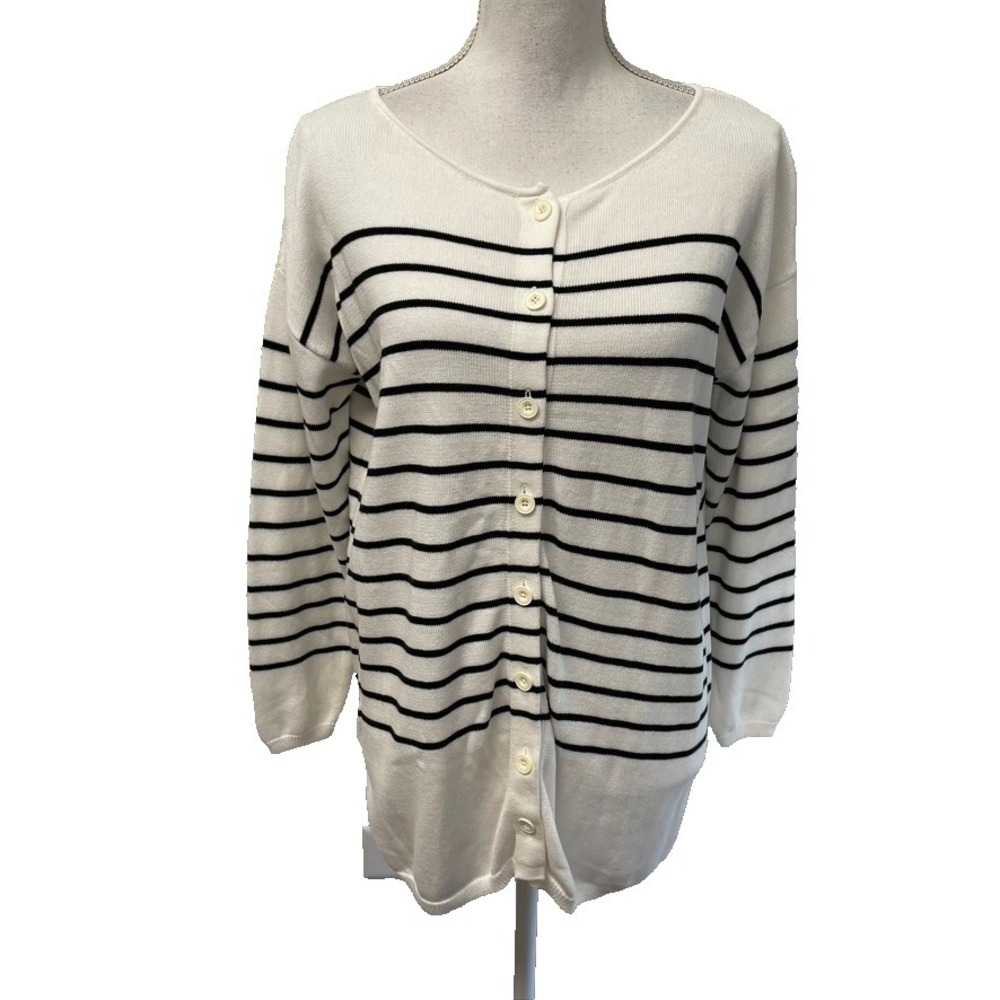 Cabi‎ Turnabout Cardigan Sweater Jumper Womens Small White Black Stripe Preppy